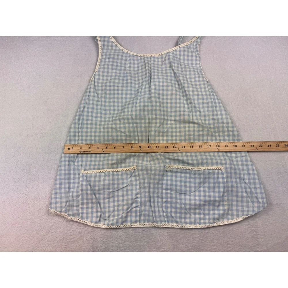 Vintage Blue Gingham Check Cross Back Apron Lace Trim Pockets Cottagecore